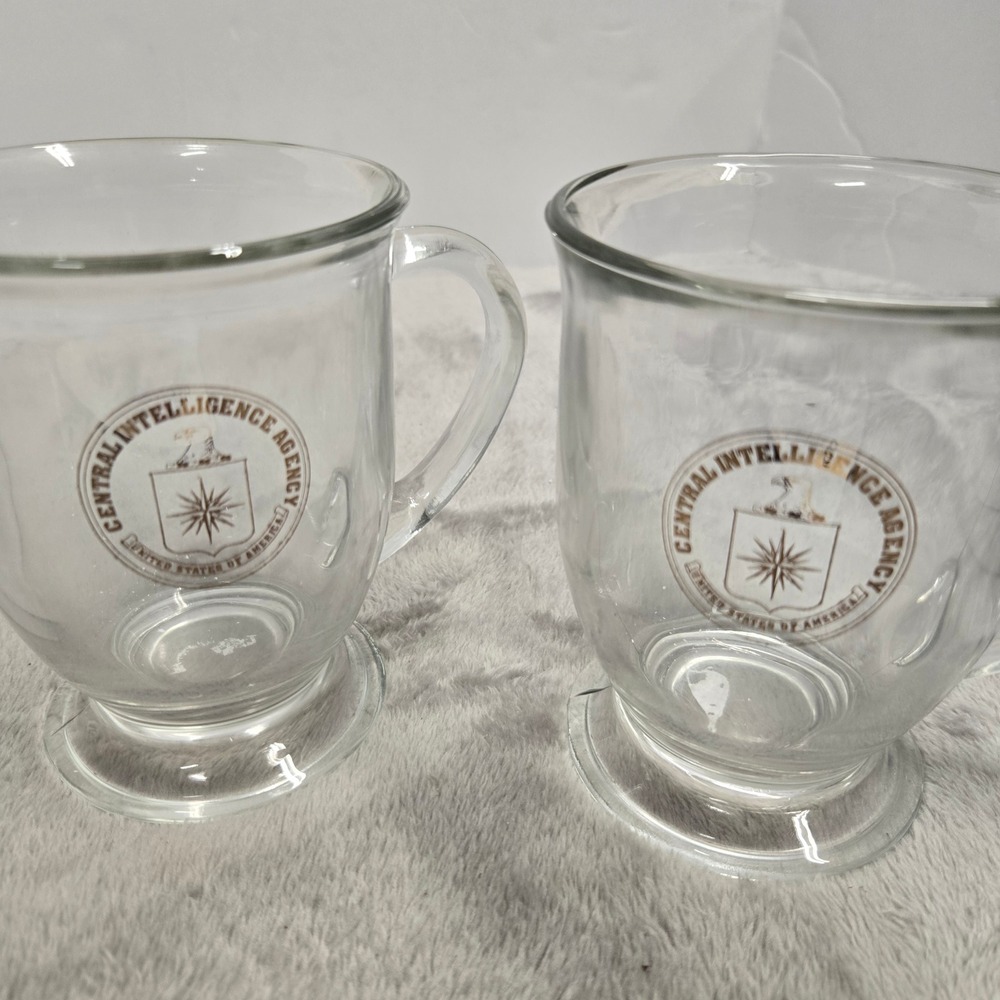 Set of 2 CIA Central Intelligence Agency Glass Coffee Mugs Gold Seal Pedestal